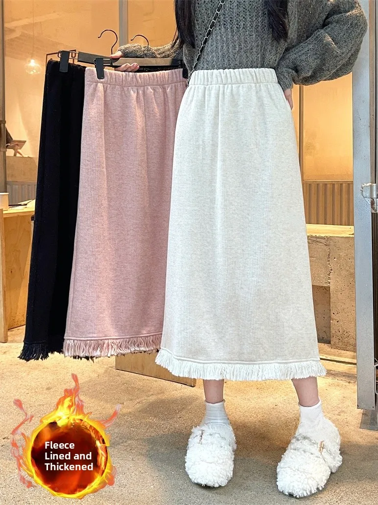 

Khaki Tassel High Waist Knitted Wrap Body f Skirt Women's Winter Corduroy Slimming Split A-Line Mid-Length Skirt