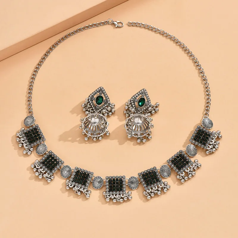 Kymyad Vintage Jewelry For Woman Crystal Decoration Jewelry Sets Metal Beads Tassel Necklace Earrings Set For Women Gift