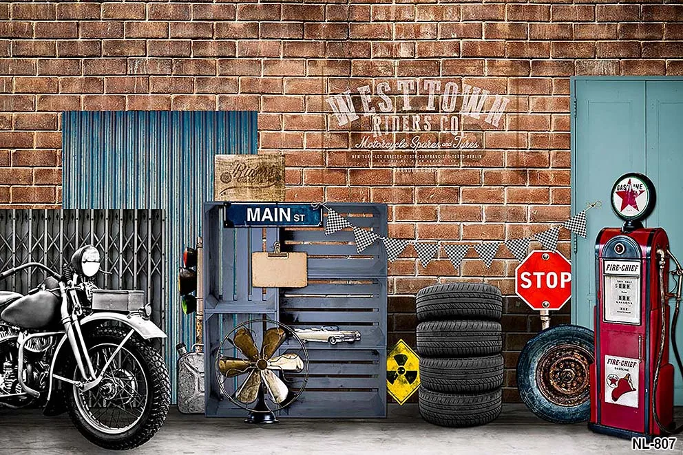 Retro Motorcycle Car Repairs Garage Photography Background Tool Workshop Baby Backdrop Photocall Photobooth Props Brick Wall