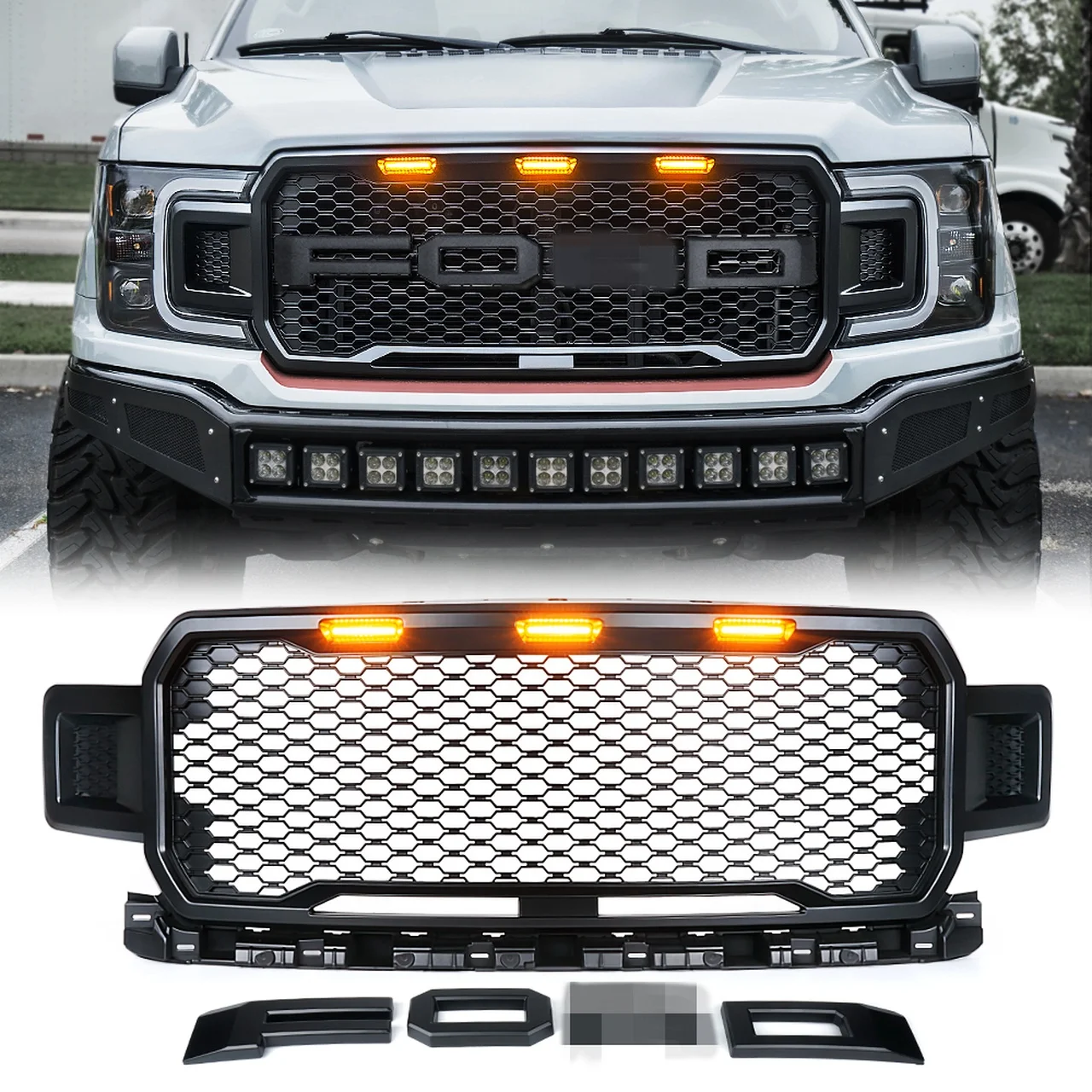 Griglia anteriore stile Raptor nera con luci LED ambrate per F150 2018 2019 2020