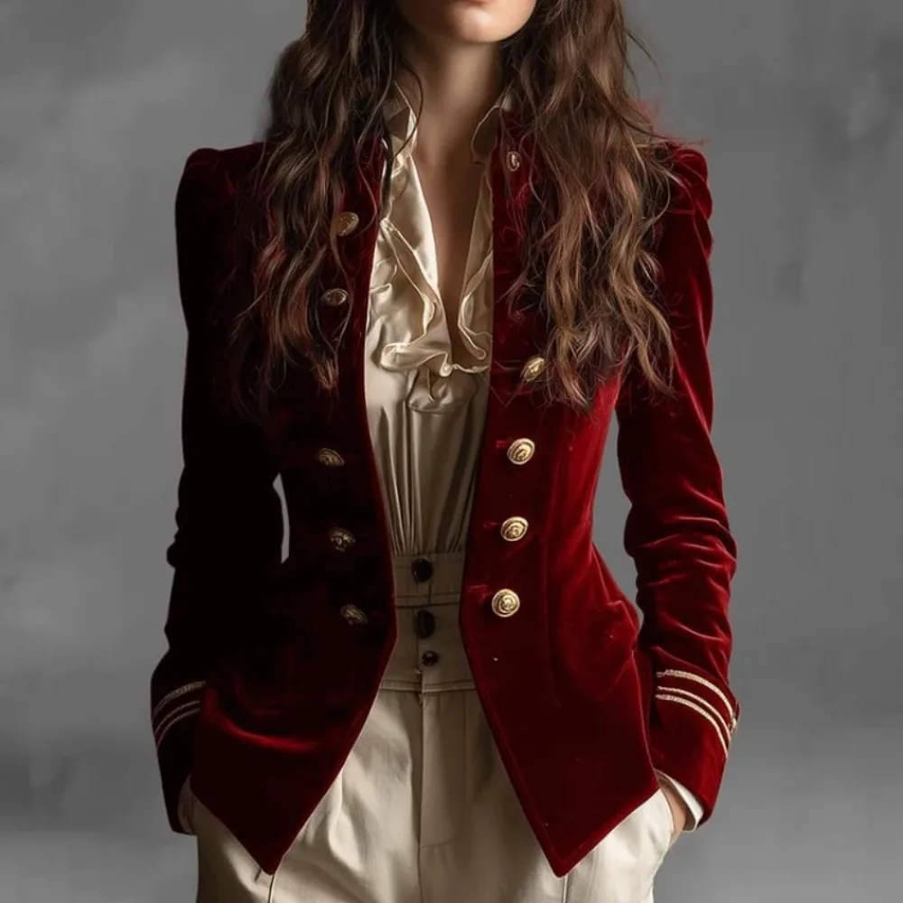 

Винтажный бархатный пиджак, облегающий элегантный пиджак с воротником-стойкой для женщин, осенне-зимняя модная верхняя одежда, костюм, пальто 2025