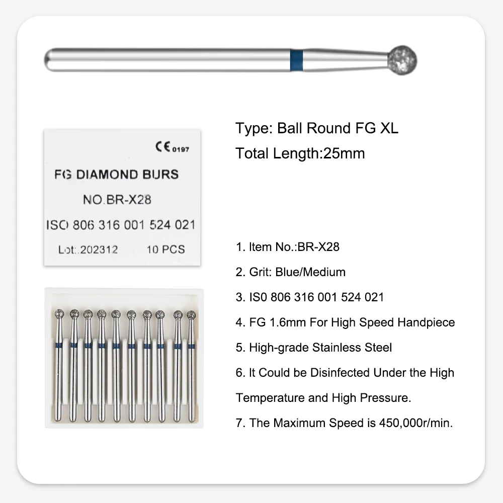 ELIJAH 10pcs/pack Extra Long Dental Diamond Burs 25mm FG Dia-burs 1.6mm Shank for High Speed Handpiece Burs Dentist Tools