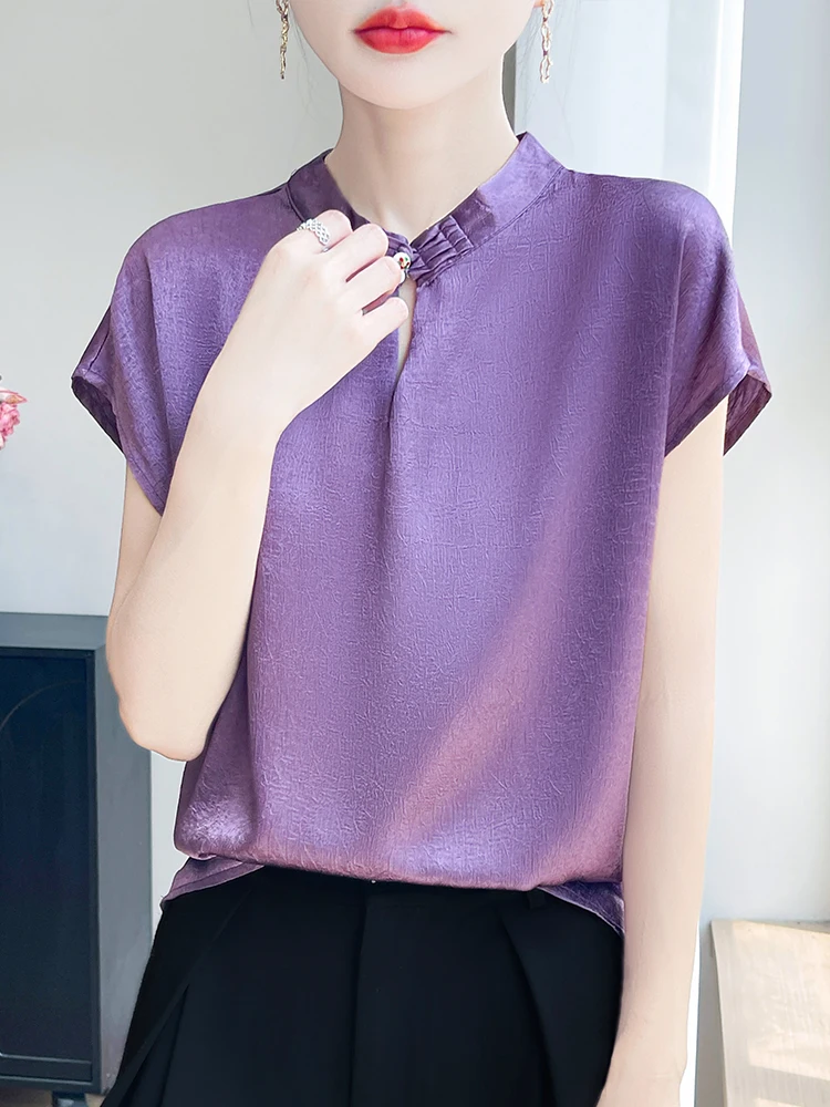 Silk Acetate Satin ort Sve T-irt Women's Stand Collar Button up Comfortable Simple Match All Season Chinese National S...