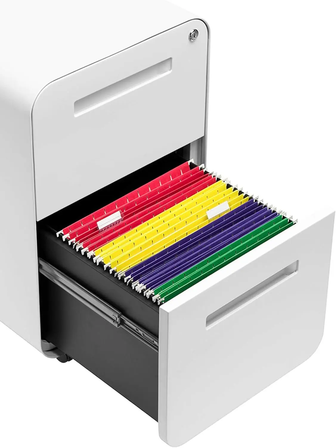 

Мобильный шкаф для документов Stockpile с двумя ящиками и замком — металлический шкаф для документов под столом, юридические/буквенные папки, колеса, белый