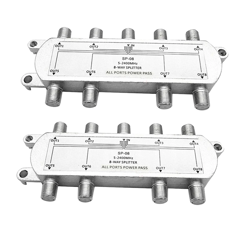 2PCS Satellite 8 Way Coaxial Cable Splitter 5-2400Mhz F Type Plug Work With Analog/Digital TV Connection And Internet