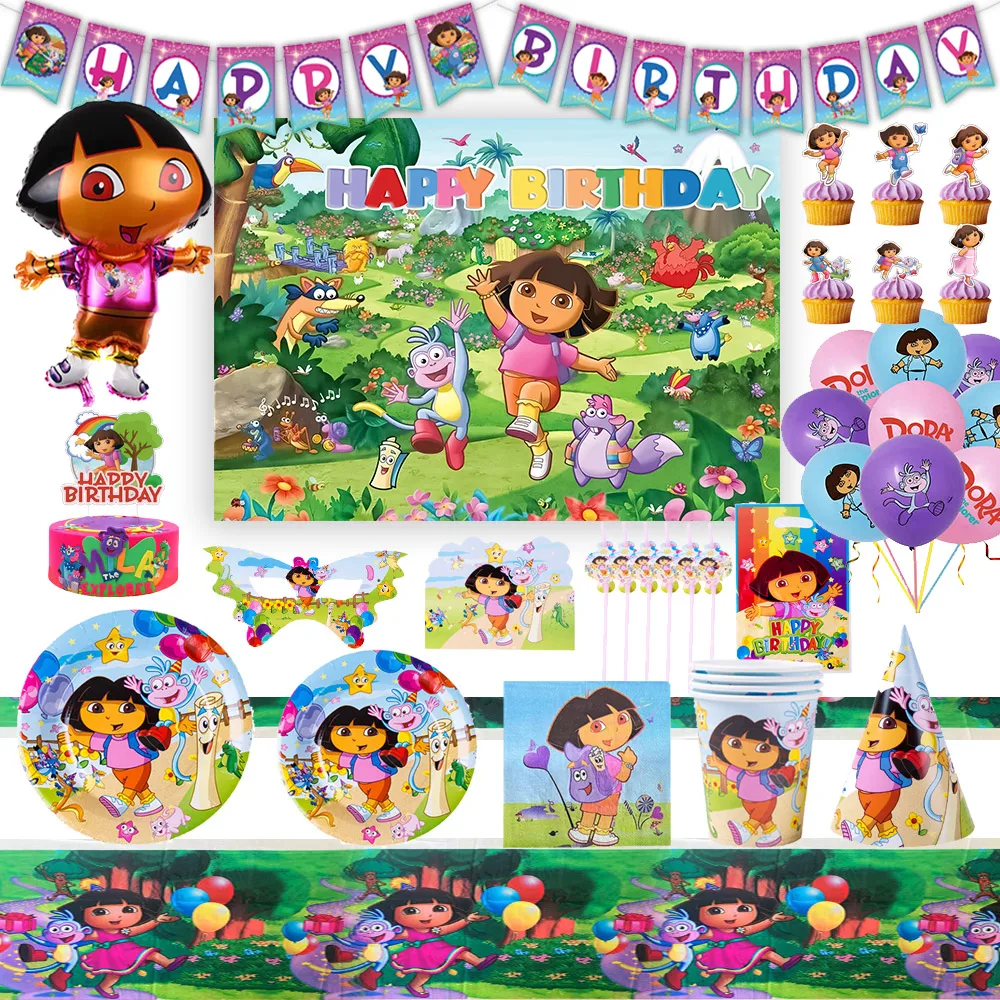 Cartoon DORA-The-Explorer Birthday Party Supplies Balloon Decoration Disposable Party Tableware Banner Background Baby Shower