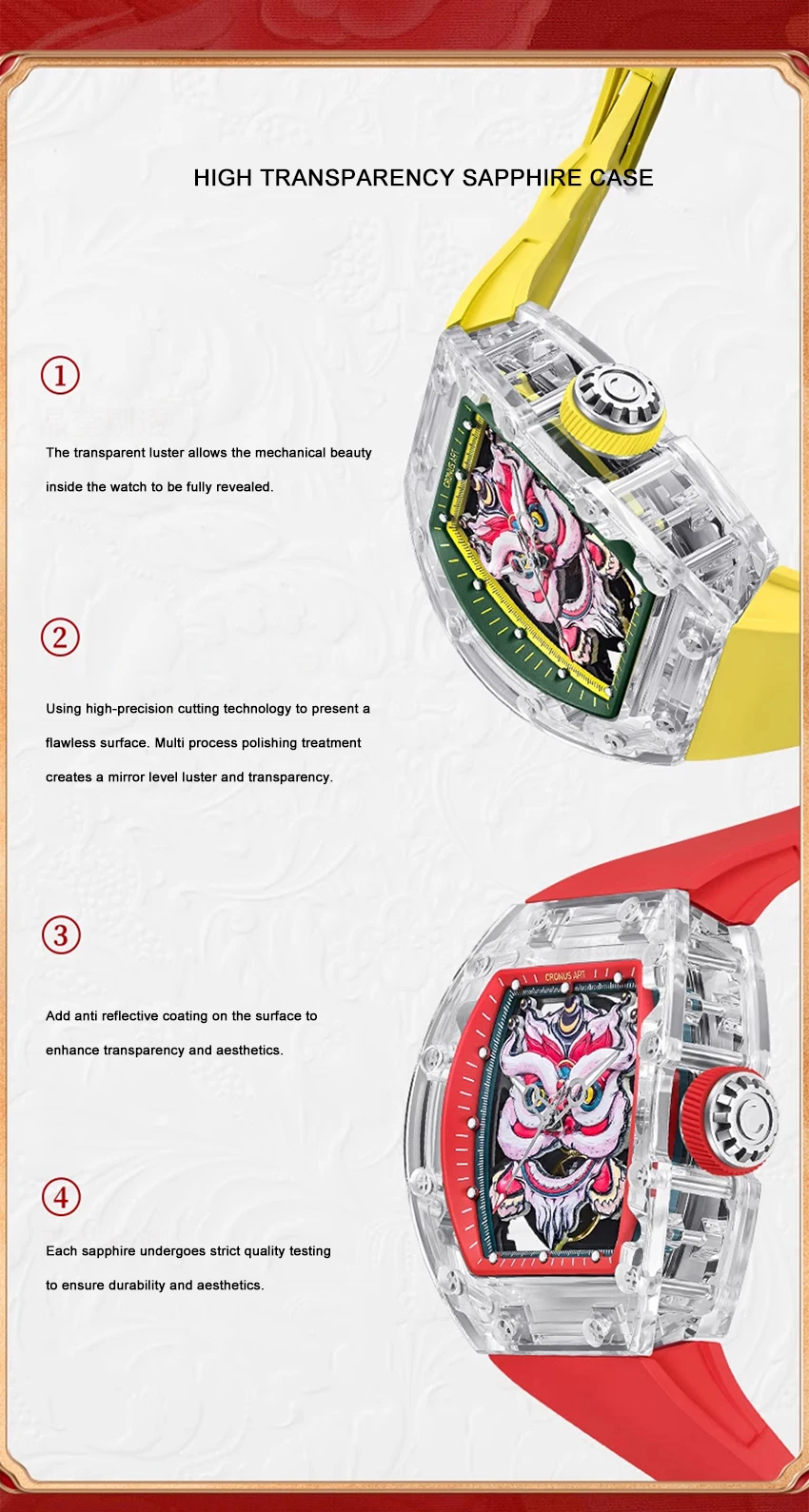 Cronusart-自動サファイアケース付き機械式腕時計,50mm x 42mm,フルオロラバーストラップ,トーノケース,ライオンダイヤル
