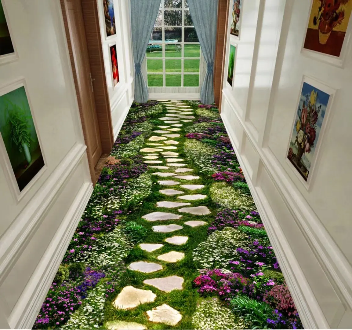 3D Scenic Green Long Corridor Carpets Living Room Decor Non-slip Easy Cleaning Hallway Floor Mat Lobby Carpet Stair Area Rug