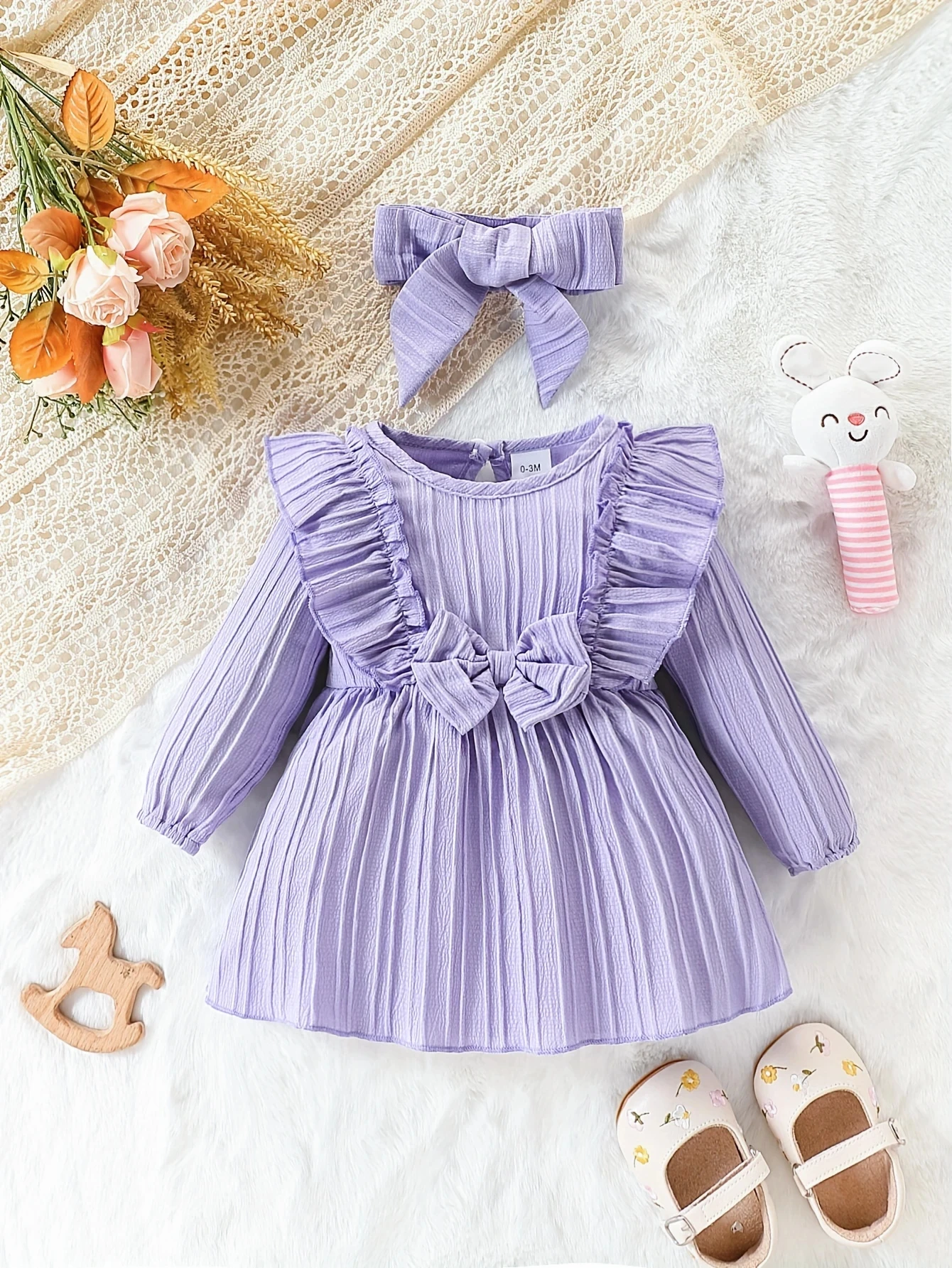 Baby Girl Dress  Round Neck  Purple Ruffle Long Sleeve Dress  0-24 Months Baby Girl Spring Casual Dress Baby clothing