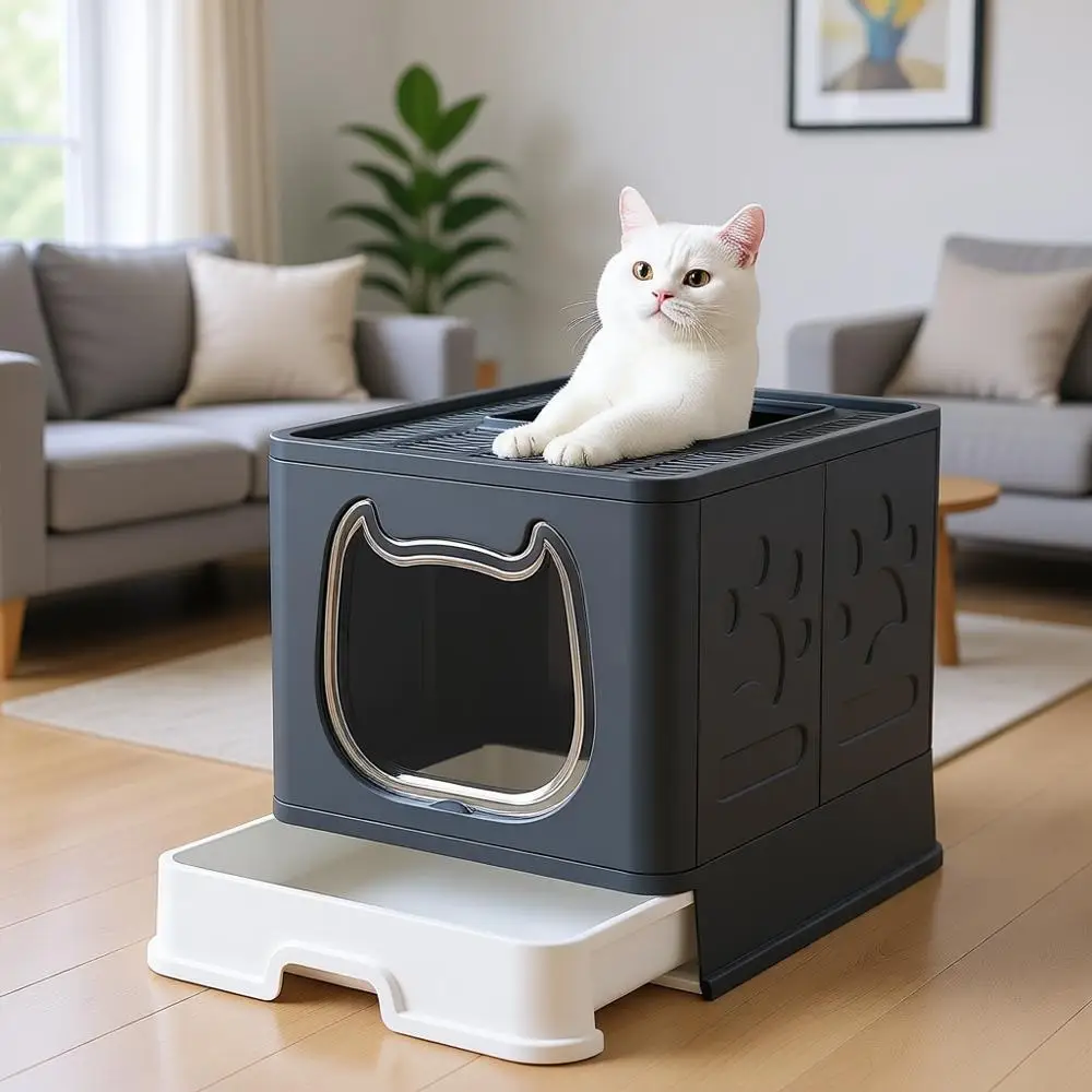 

Litter Box with Lid for Small to Medium Cats, Enclosed Cat Litter Box with Cover, High Sided Top Entry Box with Brush and Scoop,
