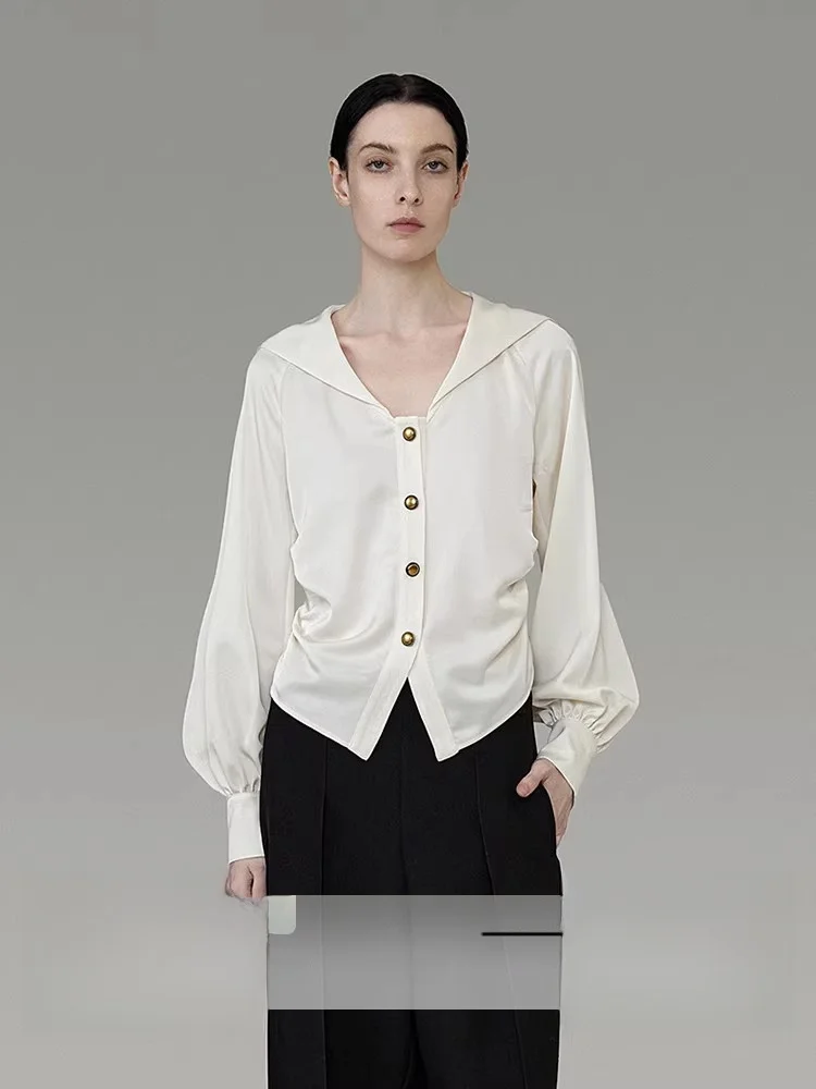 

Женская атласная блузка Ele с длинным рукавом и металлическими пуговицами, весна 2026, новая коллекция, ретро-стиль, для офиса, простой свободный крой, однотонная.