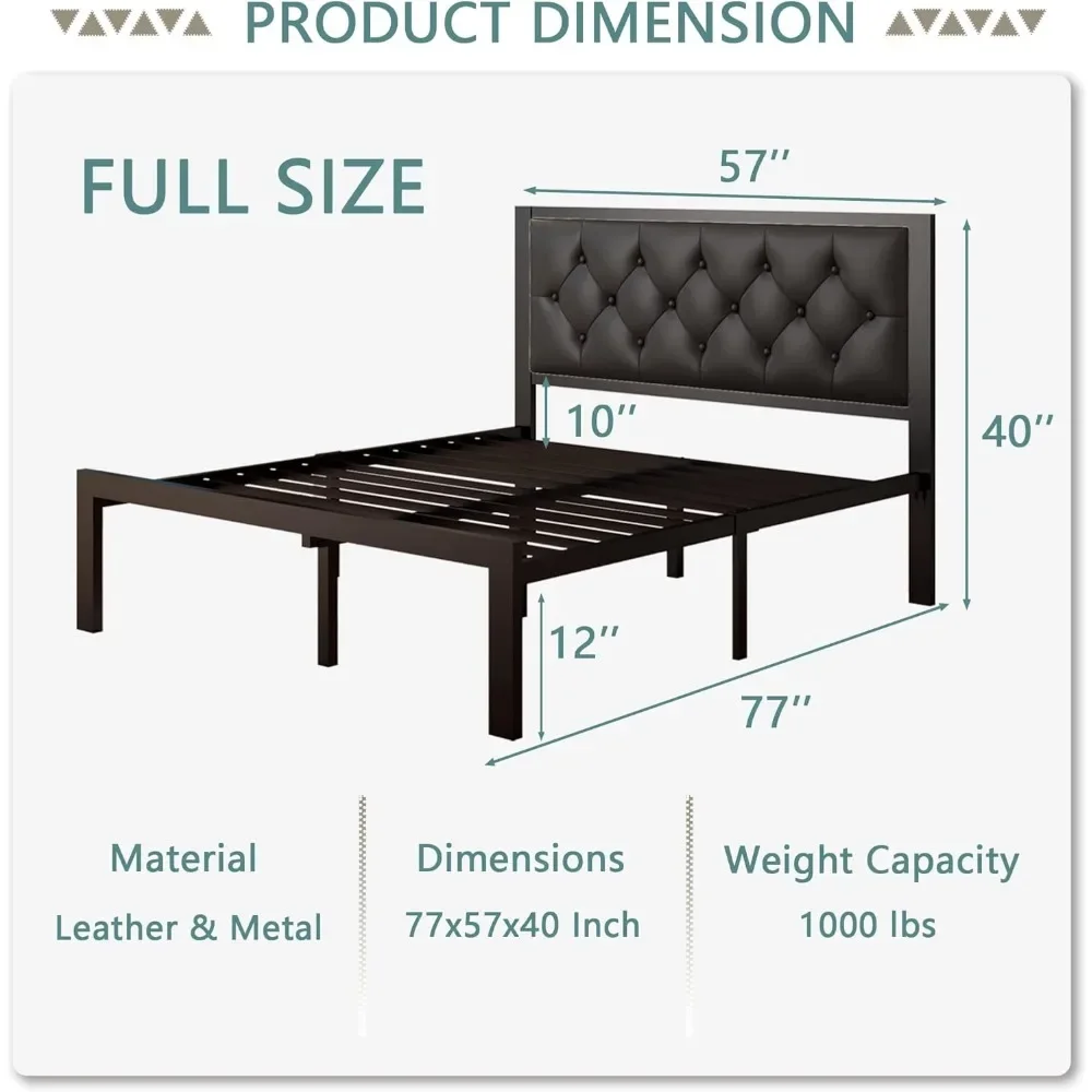 Metal Bed Frame with Faux Leather Button Tufted Headboard, Storage, No Box Spring Needed, Noise Free Bed Frame