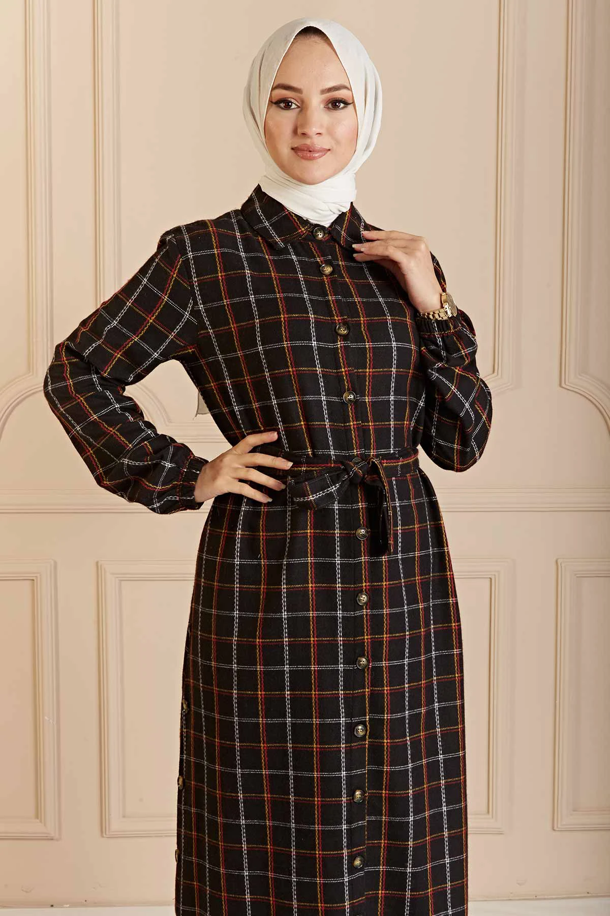 Plaid Shirt Collar Dress-Black Winter Autumn 2021 Muslim Women Hijab headscarf Islamic Turkey