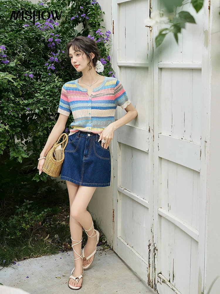 MISHOW Rainbow Striped Short Sleeve Knitted Sweater for Women Summer 2024 O Neck Single Breasted Dopamine Thin Tops MXD26Z0649