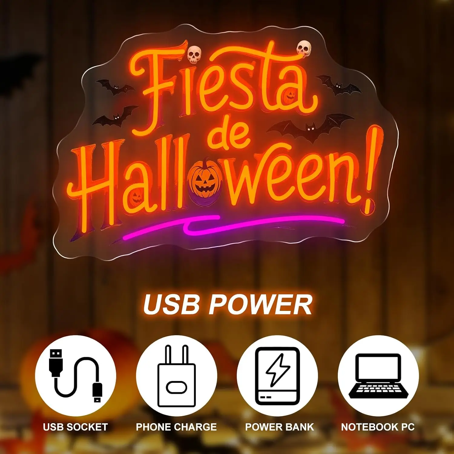 Fiesta de Halloween LED Neon Sign Spanish Halloween Neon Light USB Wall Lamp for Halloween Party Bedroom Window Home Decor Gift