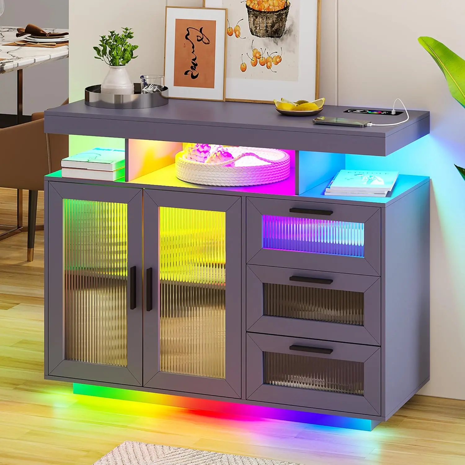 RGB LED Coffee Bar Cabinet with Auto Sensor Flow Dazzling Lights, Grey Sideboard Buffet Cabinet with USB/Type C/Wireless Charger