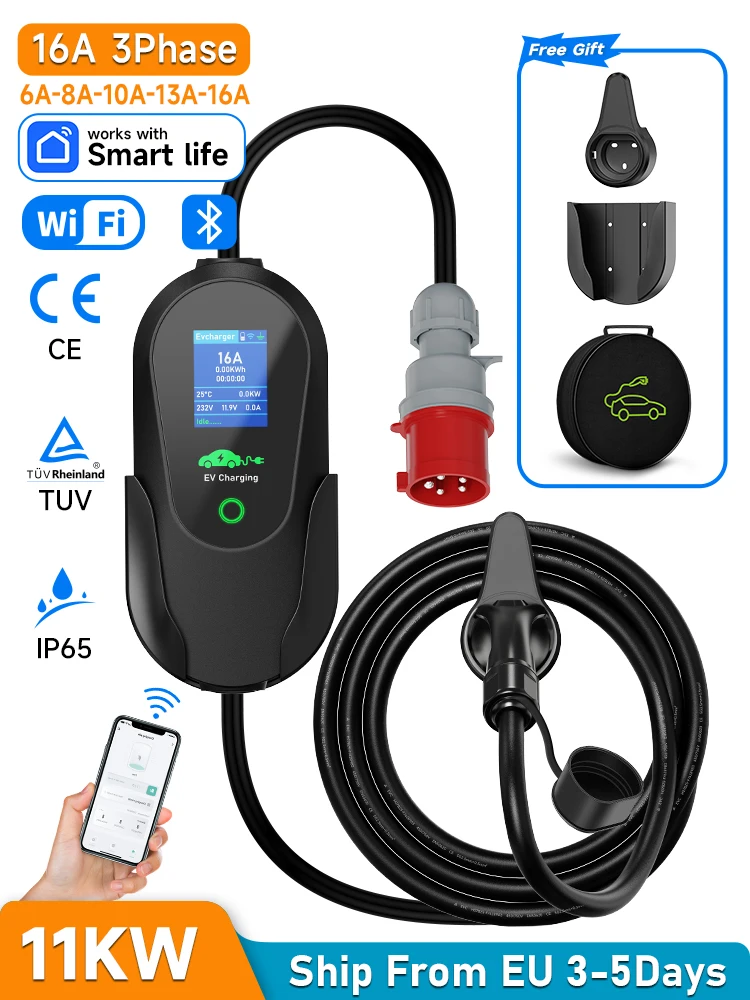 AFEEV Tragbares EV-Ladegerät IEC62196-2 Typ2 11KW 16A 3-Phasen Wallbox EVSE Schnellladestation CEE-Stecker WLAN Bluetooth Fernbedienung