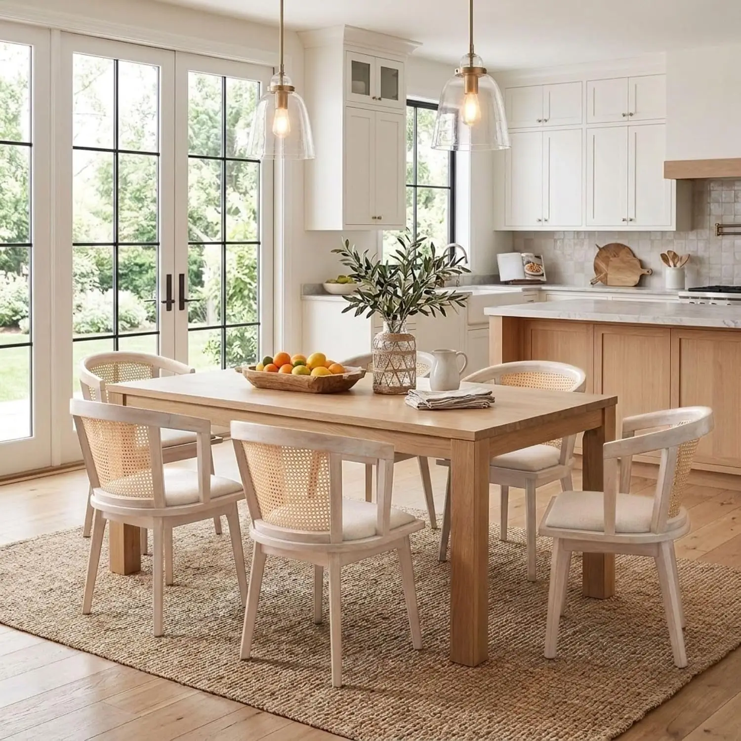 Rattan Dining Chair Set 4, Farmhouse Arm Chair Restaurant Kitchen, Woven Barrel Back Adjustable Foot Pad Beige Seat Wood Frame