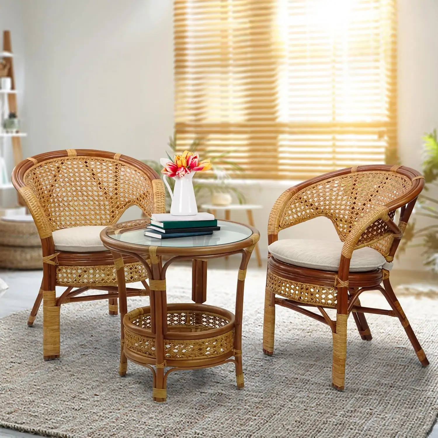 Colonial Color Handmade Rattan Dining Wicker Chair with Cream Cushion for Dining