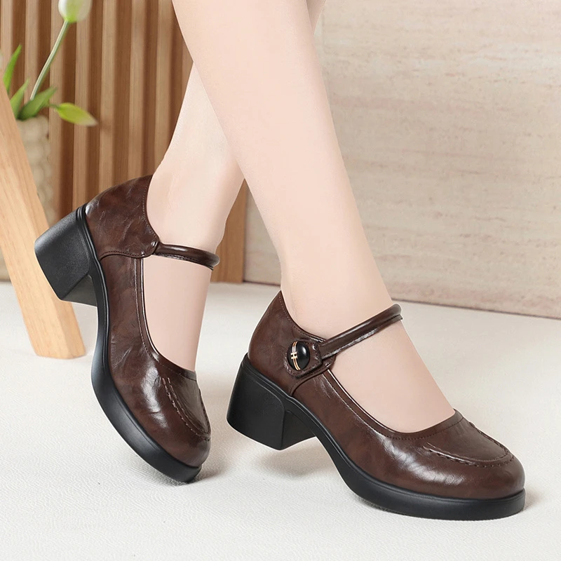 

Womens Brown Leather Pumps With Ankle Strap Buckle Chunky Block Heel Round Toe Retro Style Casual Work Shoes Ladies Daily Wear