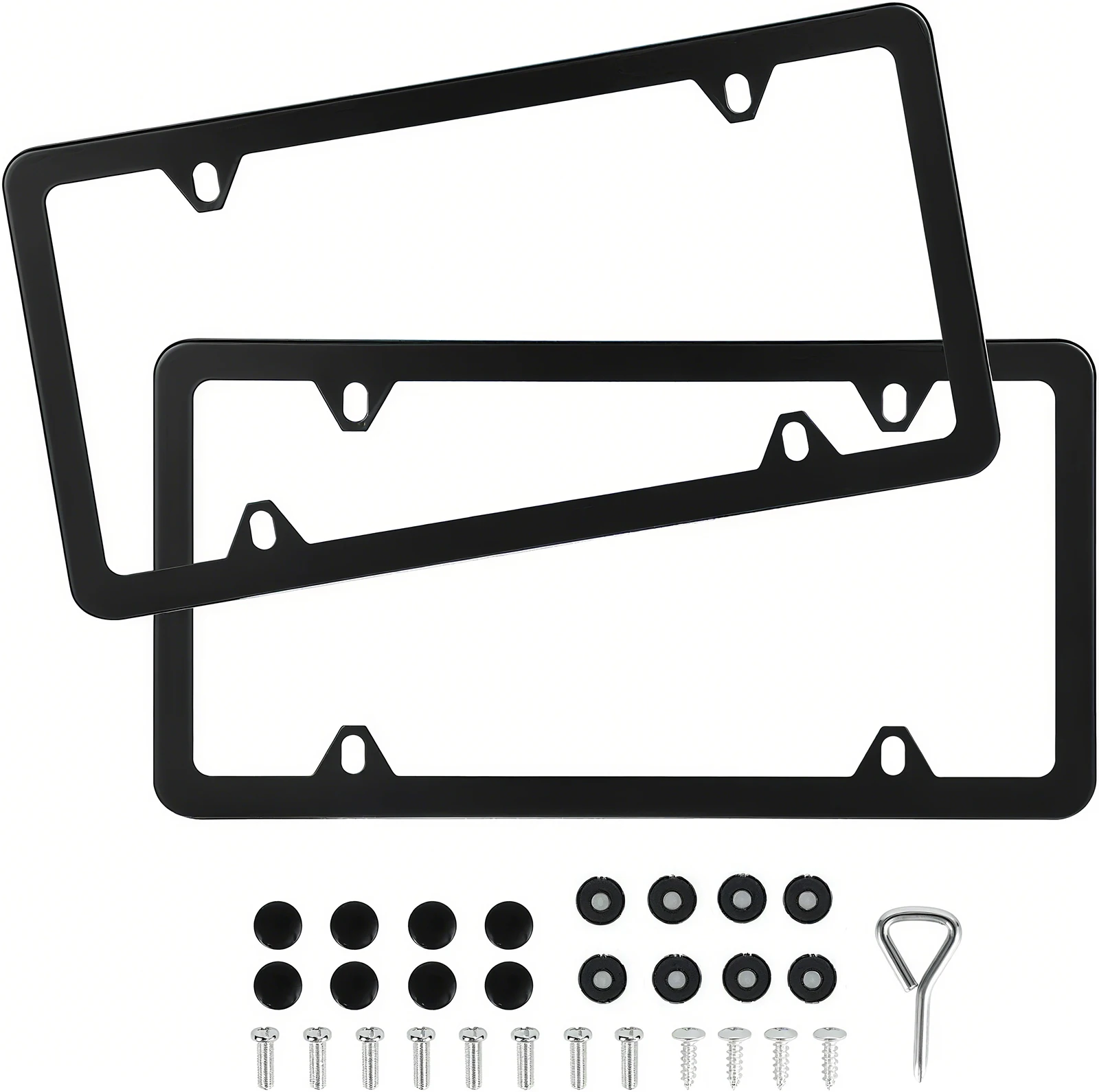 2 Pcs Stainless Steel US-Spec License Plate Frame with Square Holes and Slim Edges with Bolts Washer Caps Includes Accessory Screws and Wrench US Size