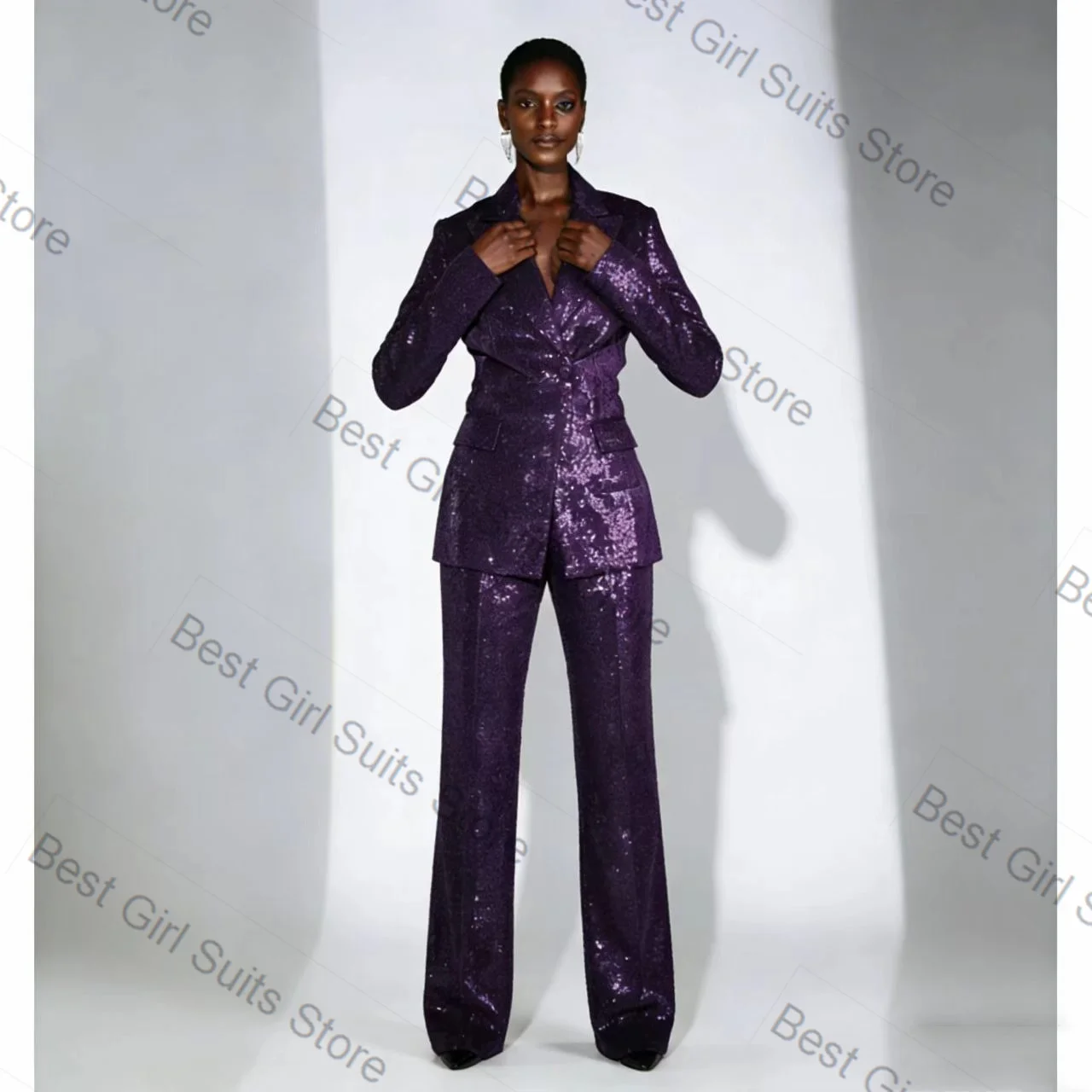 

Purple Sequins Women Suit Pants Set 2 Piece Blazer+Trousers Shiny Spring Formal Office Lady Jacket Customized Wedding Coat