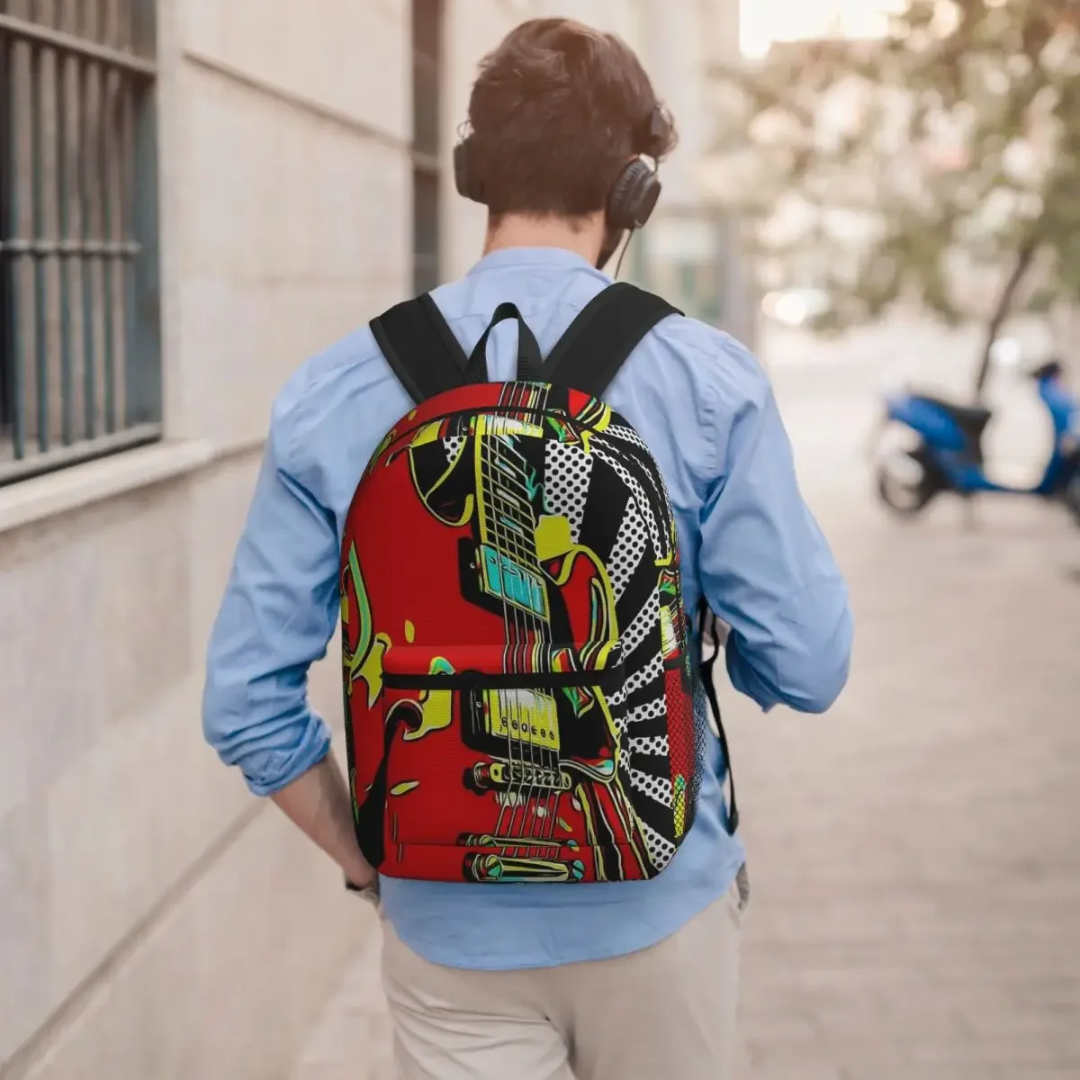 Red Cartoon Electric Guitar Student Backpack School Bag Hiking Travel Daypack for Men Women Bookbag Shoulder Bags