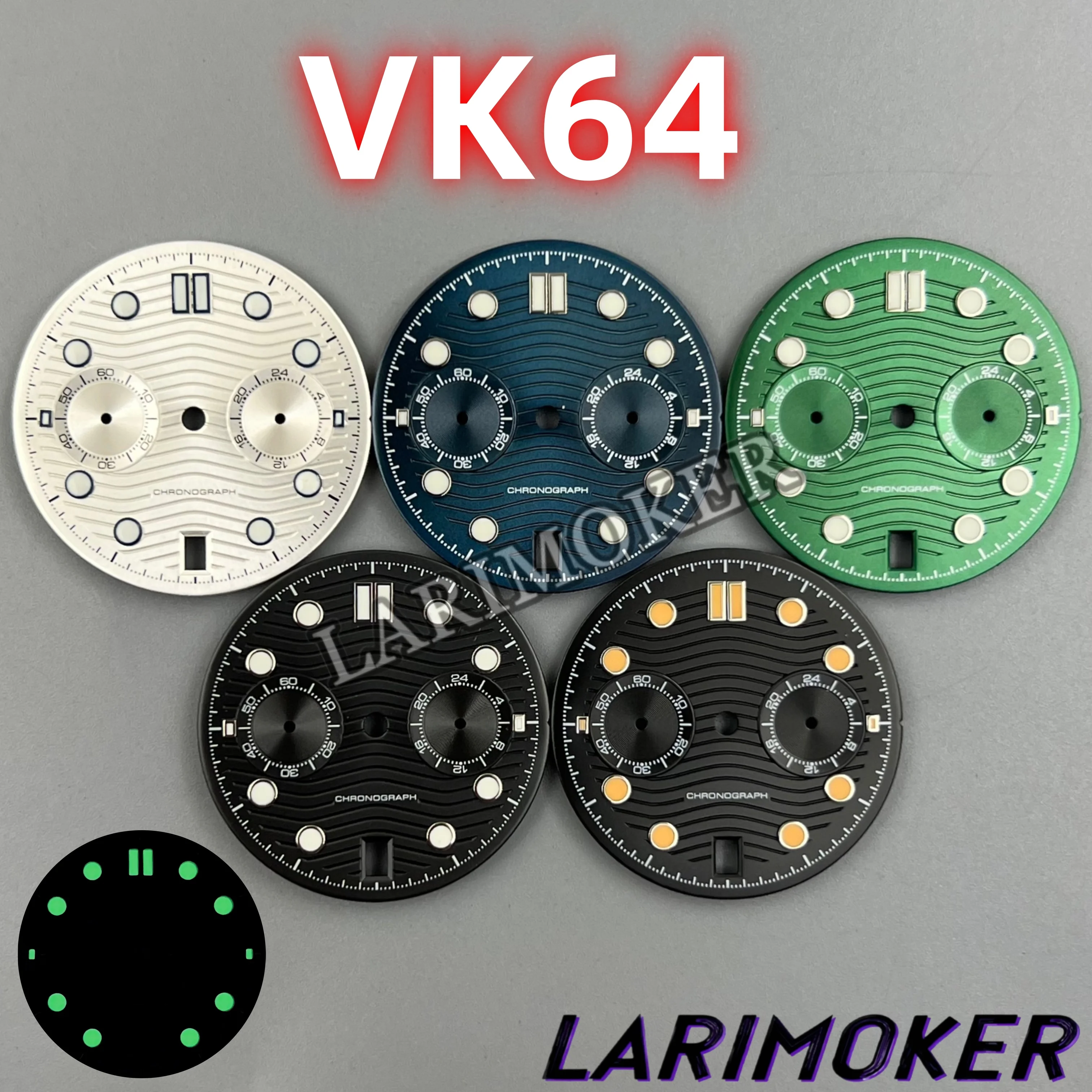 LARIMOKER NEW 31mm Vk64 Wave-pattern Quarzt Watch dial Green Luminous 6 Hour's Date Window For VK64 Quartz Movement Watch Parts