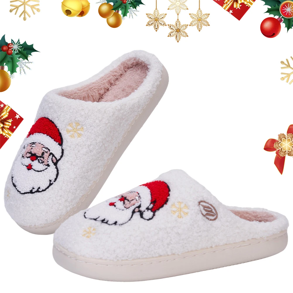 

Christmas Santa Claus Warm Slip-on House Shoes Comfortable Fuzzy Closed Toe Slippers Non-Slip Soft Furry Slippers for Men Women