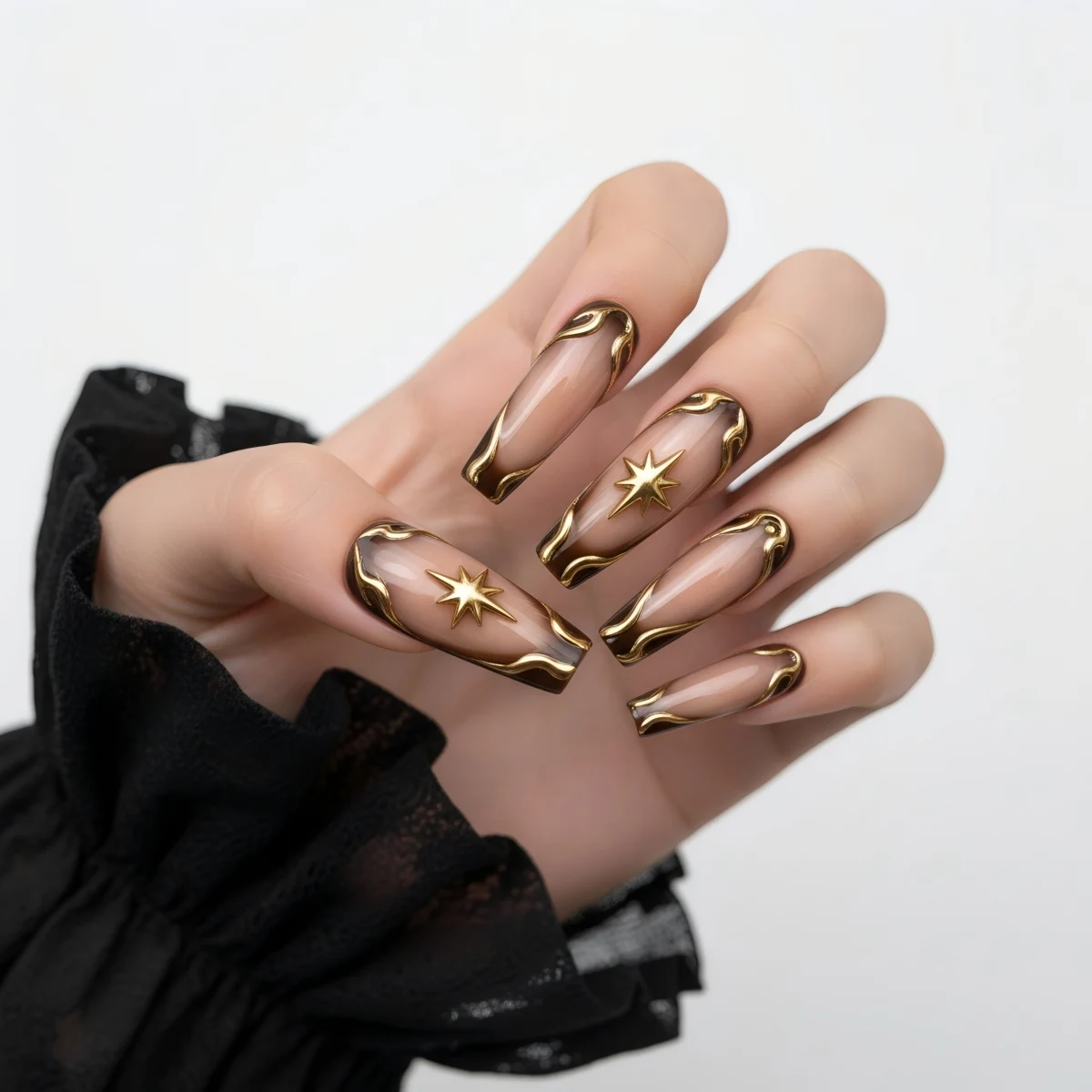 

Espresso Brown Coffee Press On Nails 3D Gold Star Minimalist Fake Nails Reusable Thick Gel Manicure Wide Ballerina