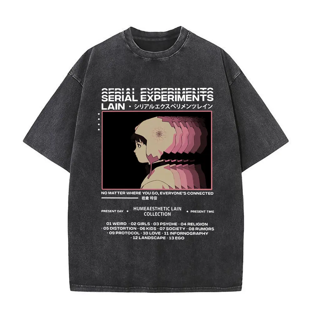 Anime Serial Experiments Lain Vintage Washed T-Shirt Iwakura Manga Girl Sci Fi Kurzarm T-Shirt 100 % Baumwolle Casual T-Shirt