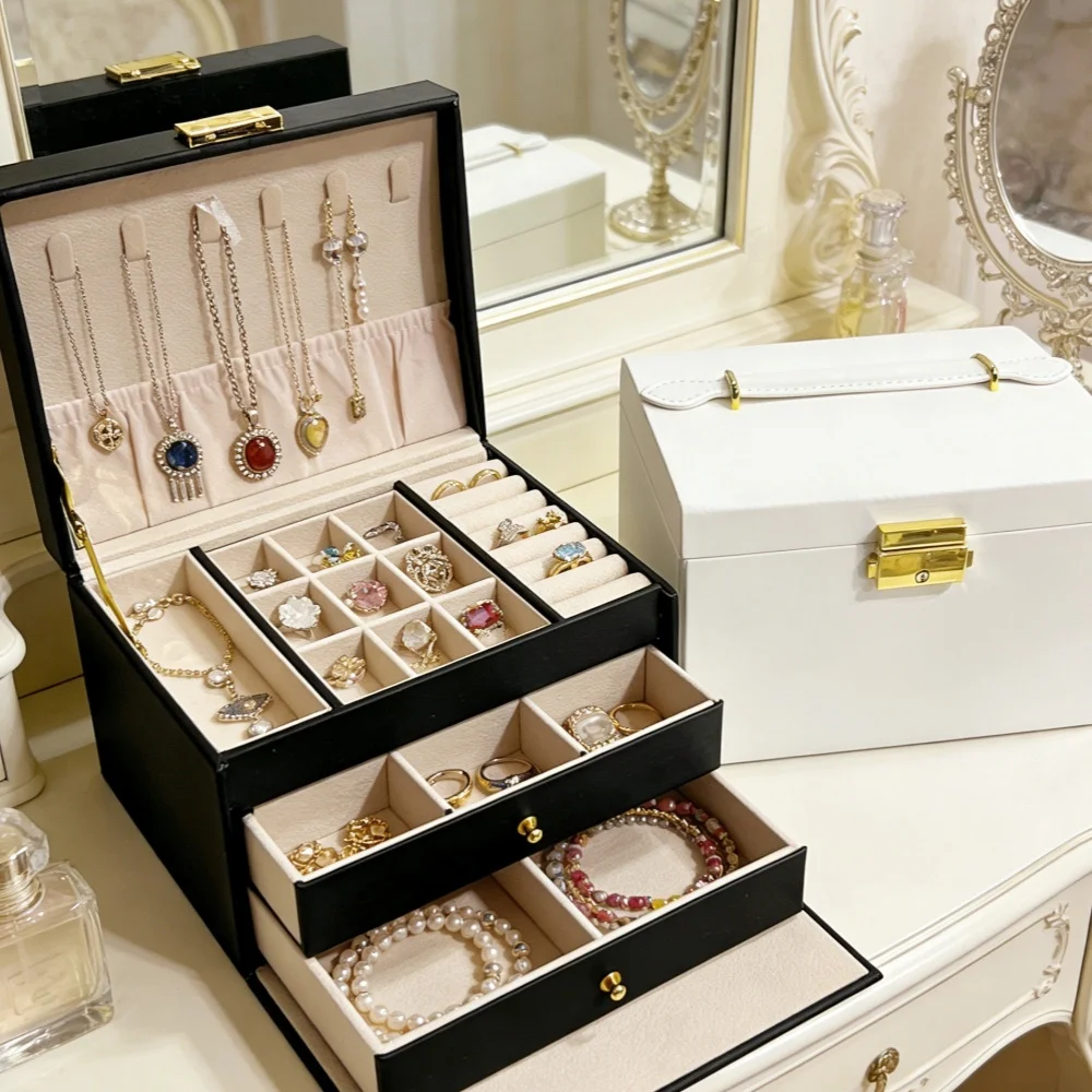 

Simple three-layer leather drawer jewelry box earrings jewelry storage box stud earrings with lock jewelry box