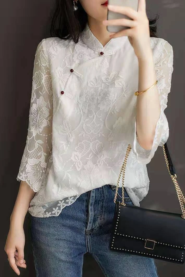 2024 chinese style lace qipao top vintage clothing women asian costume fancy traditional embroidery elegant shirt cheongsam tops