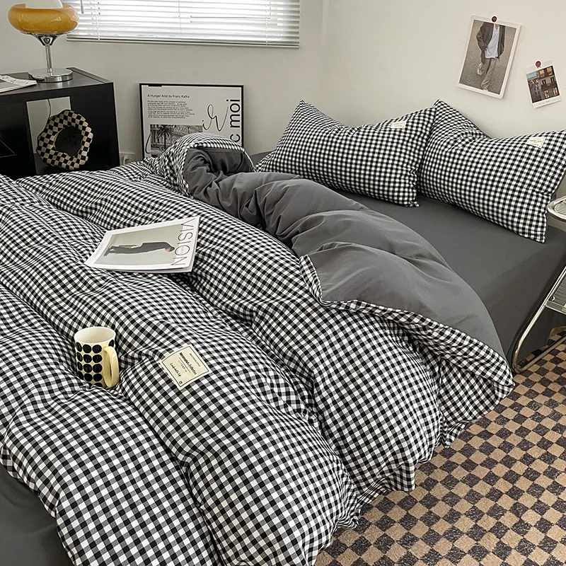 Japanese Style Check Queen Quilt Cover Set 1/3 Pcs Soft Washed Duvet Cover and Pillowcase or Only Duvet Covers Skin-friendly
