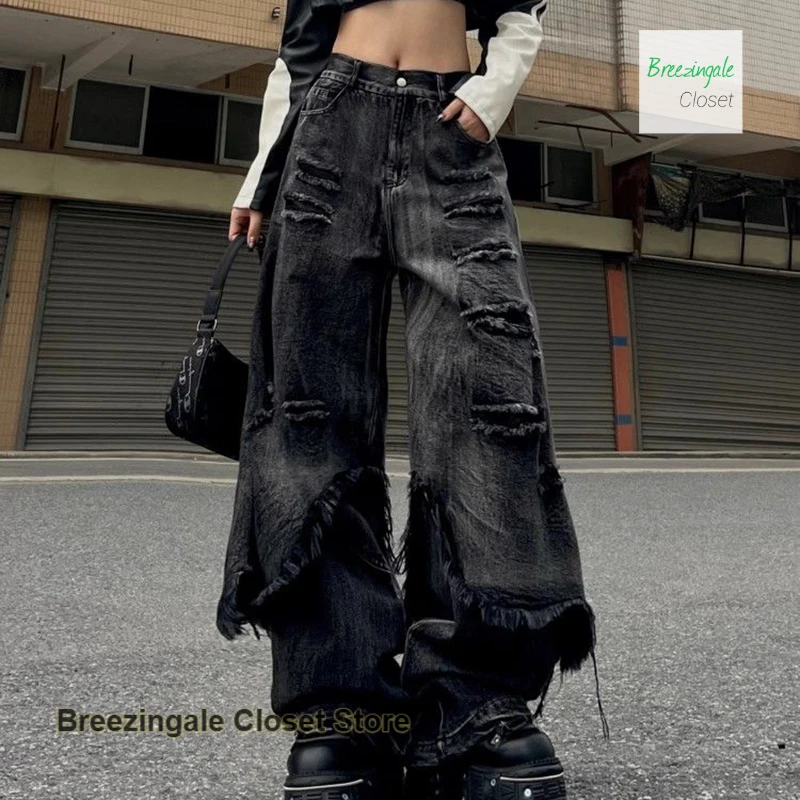 

Американские уличные поддельные две штуки старых джинсов, женские свободные широкие брюки больших размеров, модные уличные грубые брюки в стиле хип-хоп