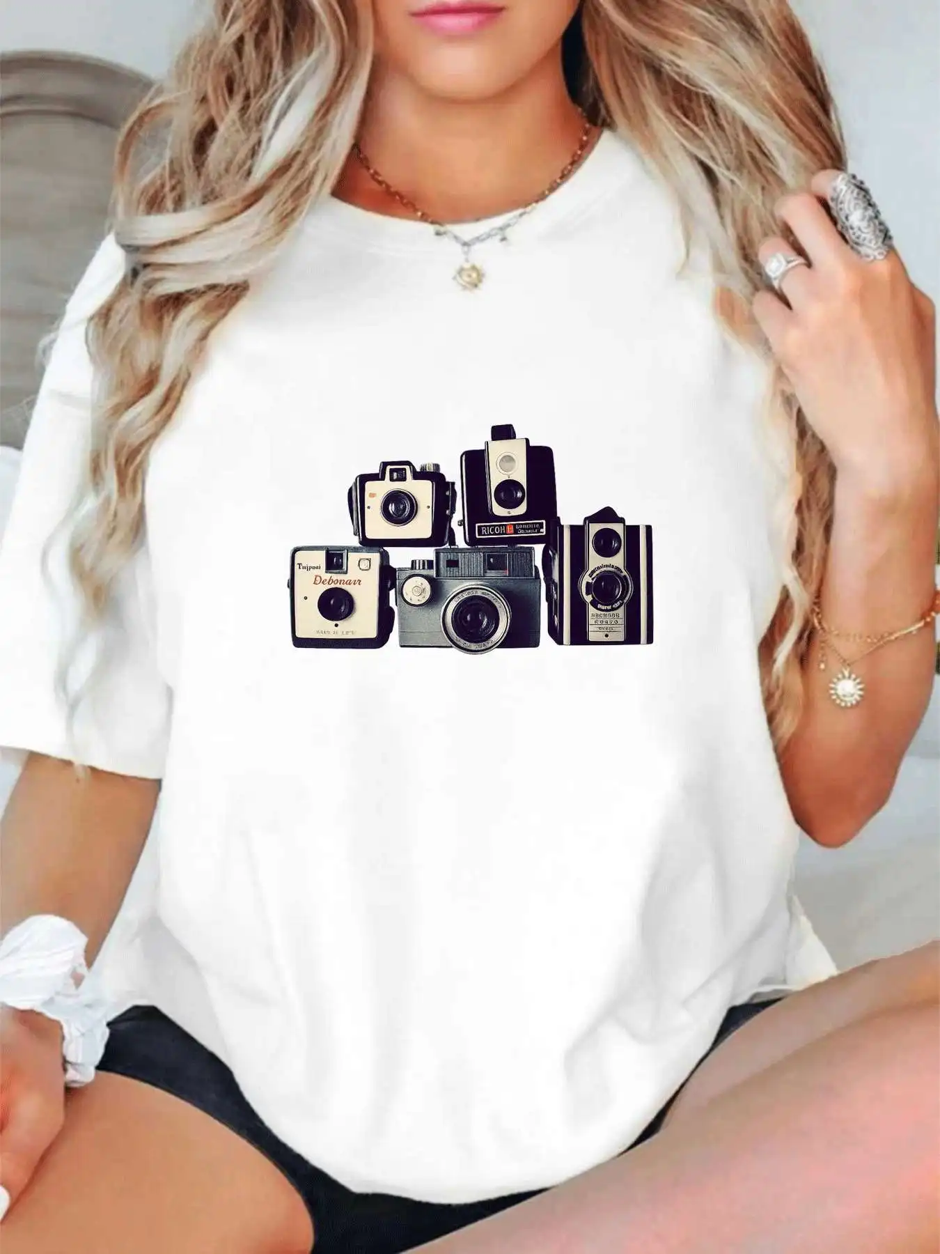 【1026072】 T-shirt femme grande taille col rond manches courtes avec demi-manches élastiques et imprimés tendance