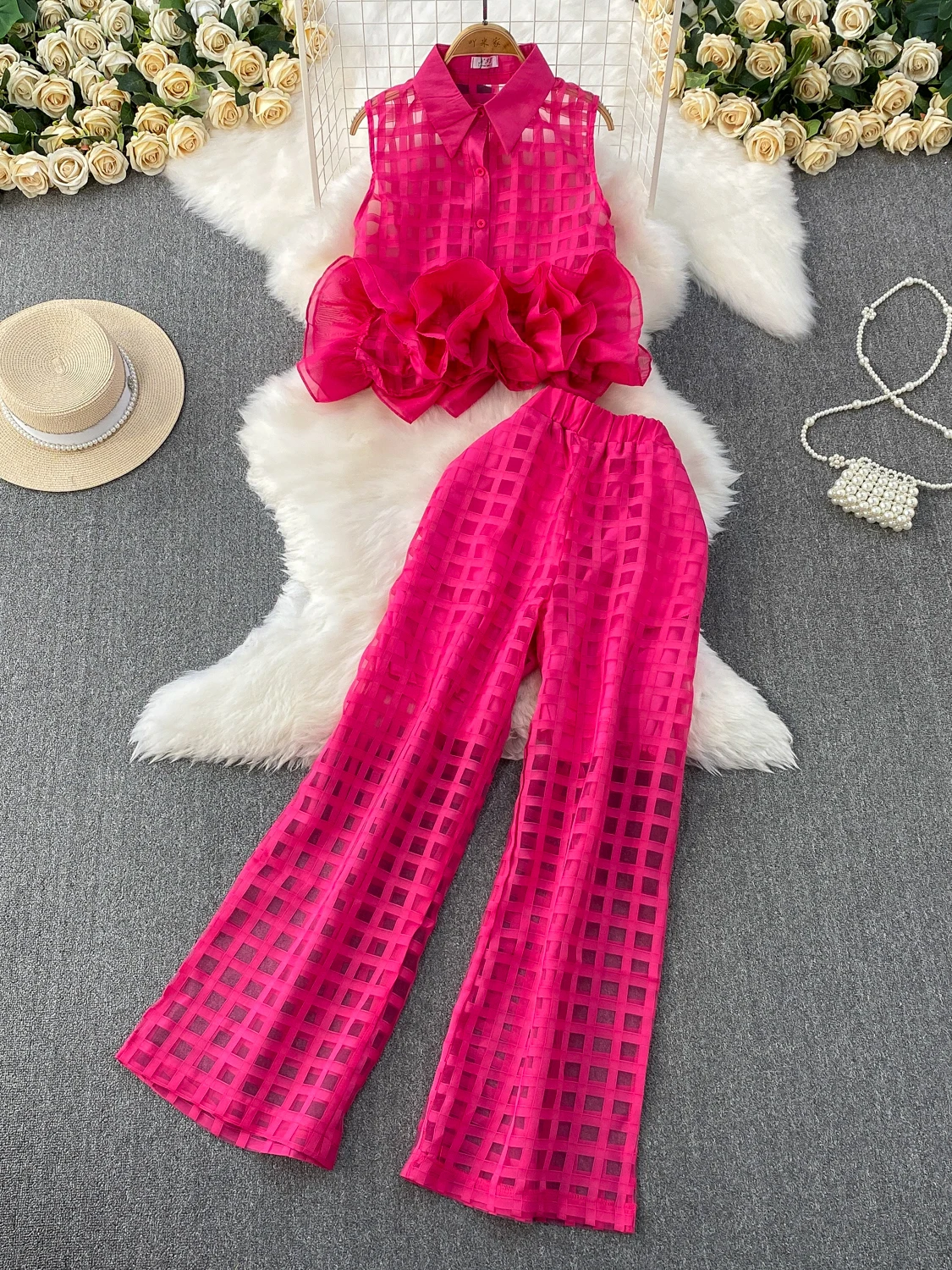 

Sweet 3D Lace Svel Collar Vest Top plus Plaid Wide Leg Pants Two Piece Set Faionable Summer Outfit for Young Women