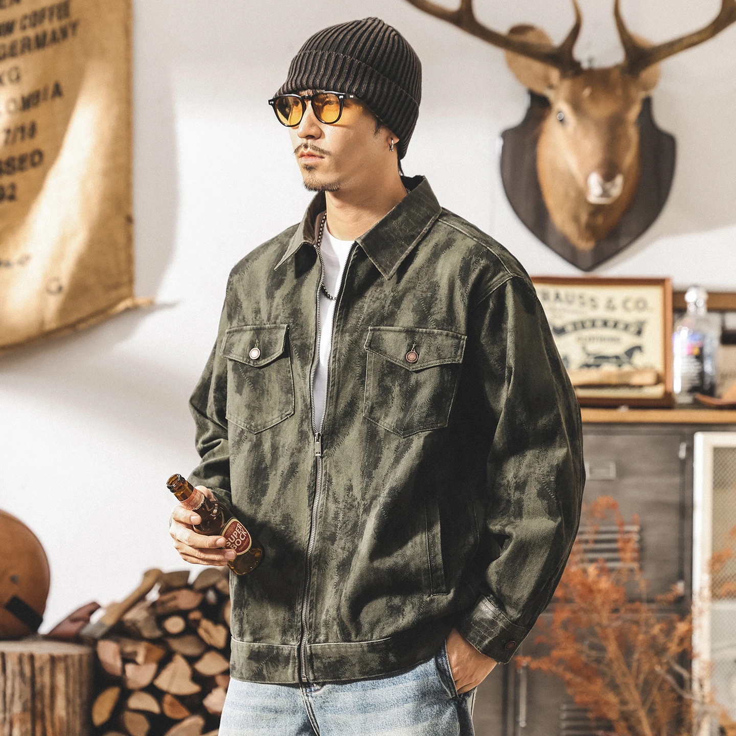 

A retro heavyweight soil-dyed workwear jacket for men's spring and autumn, a new loose and trendy brand Amekaki autumn jacket