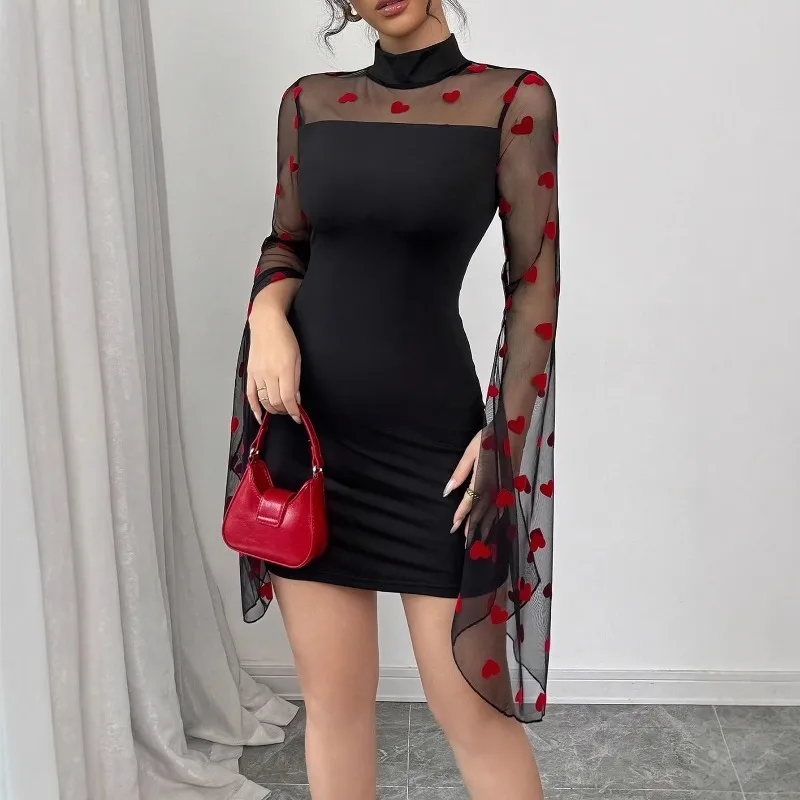 

2026 New Spring and Summer Women's Dress Short Skirt Hip Wrap Sexy Mesh Long Sleeve Slim Love Decoration