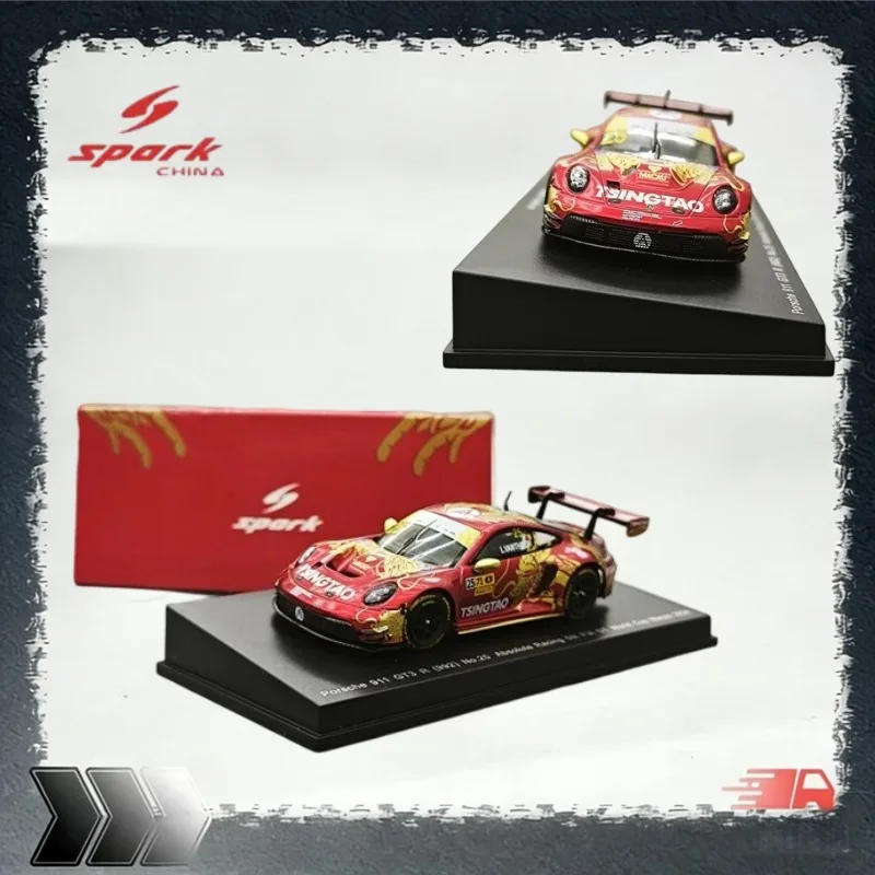 [In Stock] Spark 1/64 Diecast Alloy 911 GT3‑R No.25, Tsingtao Dragon Livery Race Car Model, Static Collectible With Display Base