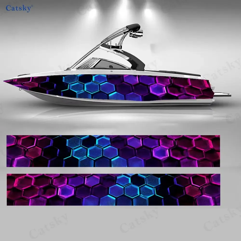 2Pcs Purple-Blue Light Grid Boat Stickers, PVC Waterproof Durable Vinyl Wrap Decals for Fishing Boat, Durable and Stylish Design