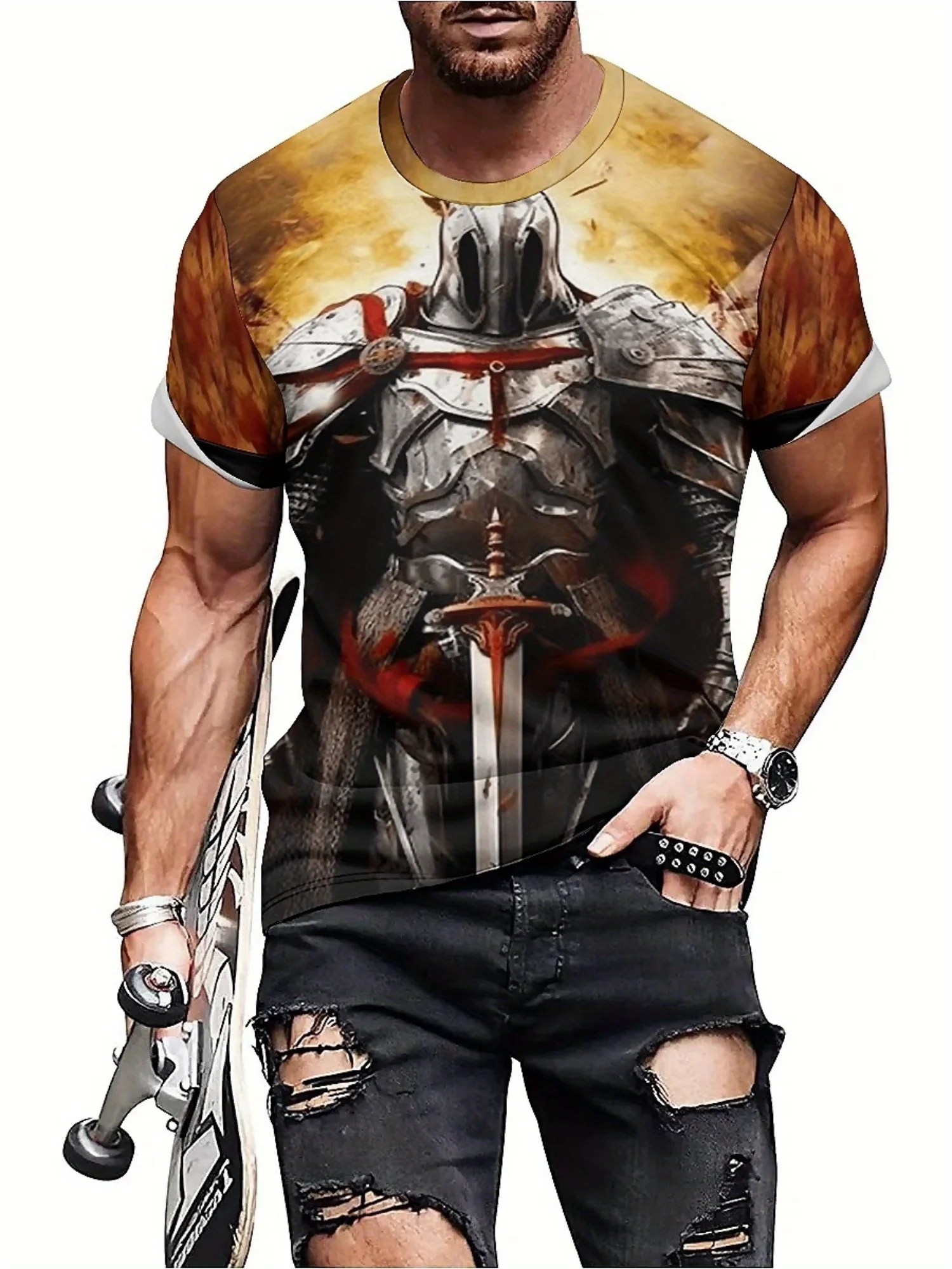 Kaos Grafis Perisai & Pedang Ksatria Bergaya Pria - Kaos Lengan Pendek Bernapas dan Nyaman untuk Olahraga Luar Ruangan & Pakaian Kasual