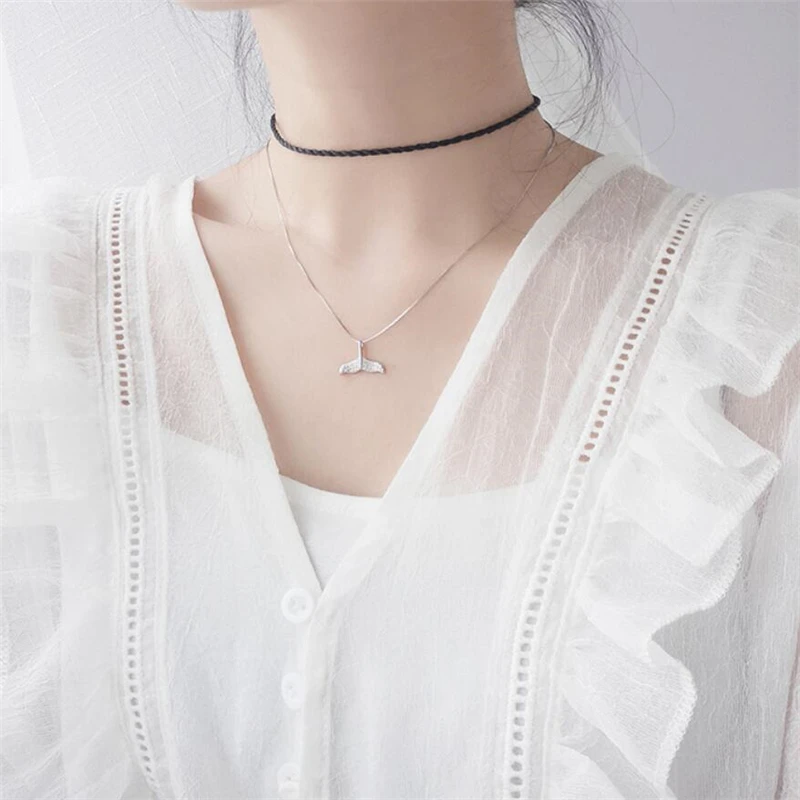 Diamond Dolphin Whale Fish Tail Shiny 925 Sterling Silver Clavicle Chain Female Necklace NE589