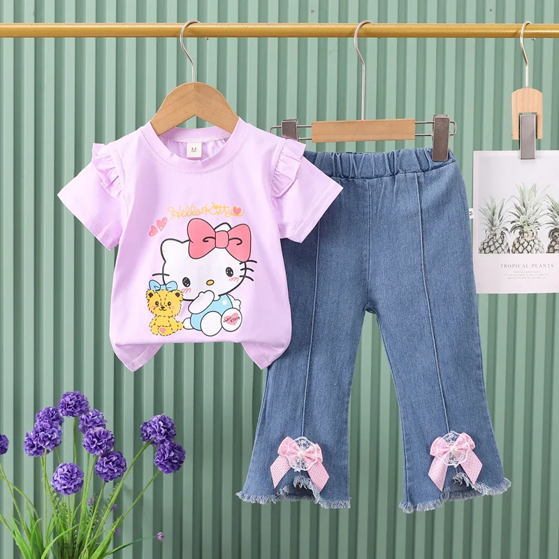 New Sanrio Girl Summer Short Sleeved Jeans Set Cartoon Hello Kitty Dopamine Printed Tops Pants 2Pcs Cute Casual Children Suit