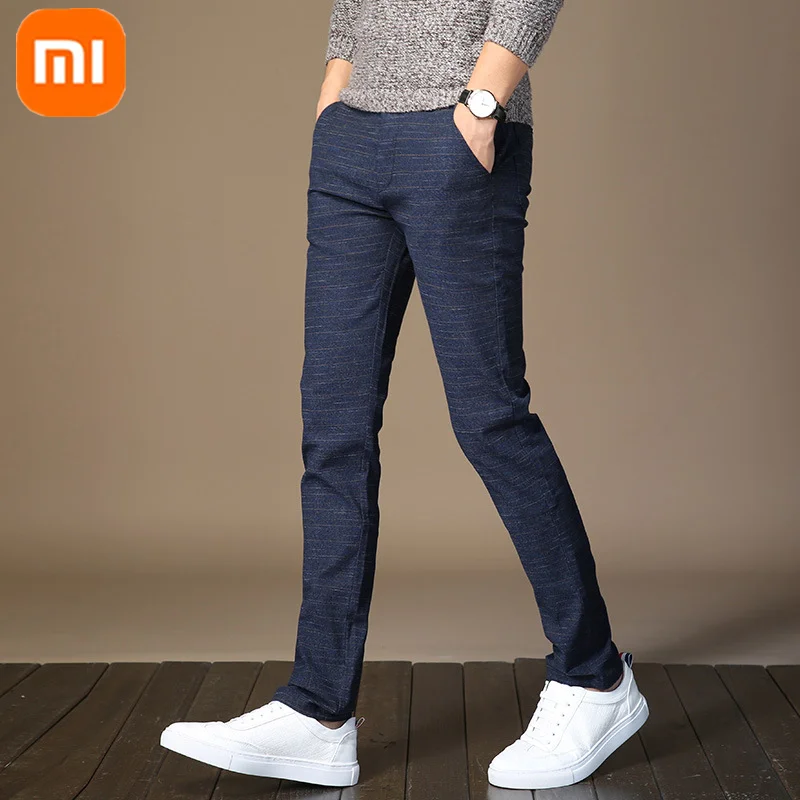 Xiaomi YOUPIN Mid-waist Brushed Plaid Casual Trousers spring Men Skin-friendly Breathable Cotton Linen Stretch Skinny Pants 688