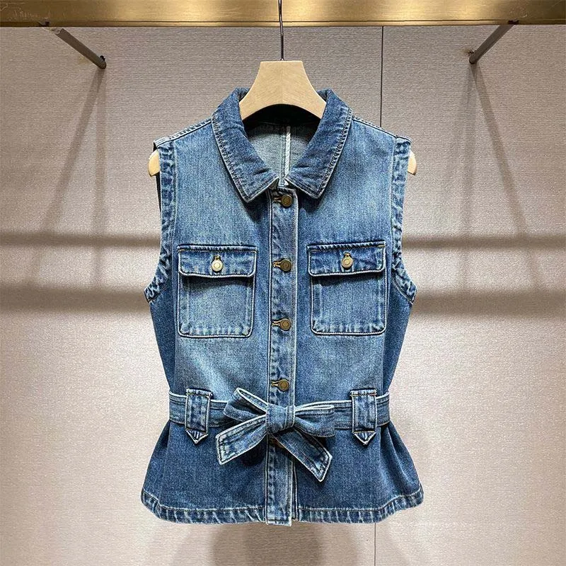 New 2026 Retro Trendy Strap Belt Denim Vest Coat Women's Denim Jacket Top Spring Autumn Casual Lapel Collar Jeans Outwear