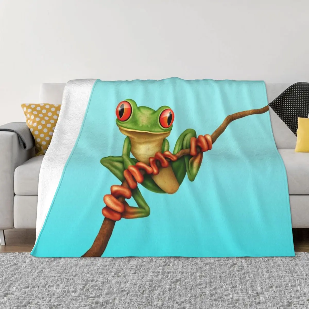 

Cute Green Tree Frog on a Branch Throw Blanket Custom Blanket Flannels Blanket Furry Blankets Plaid