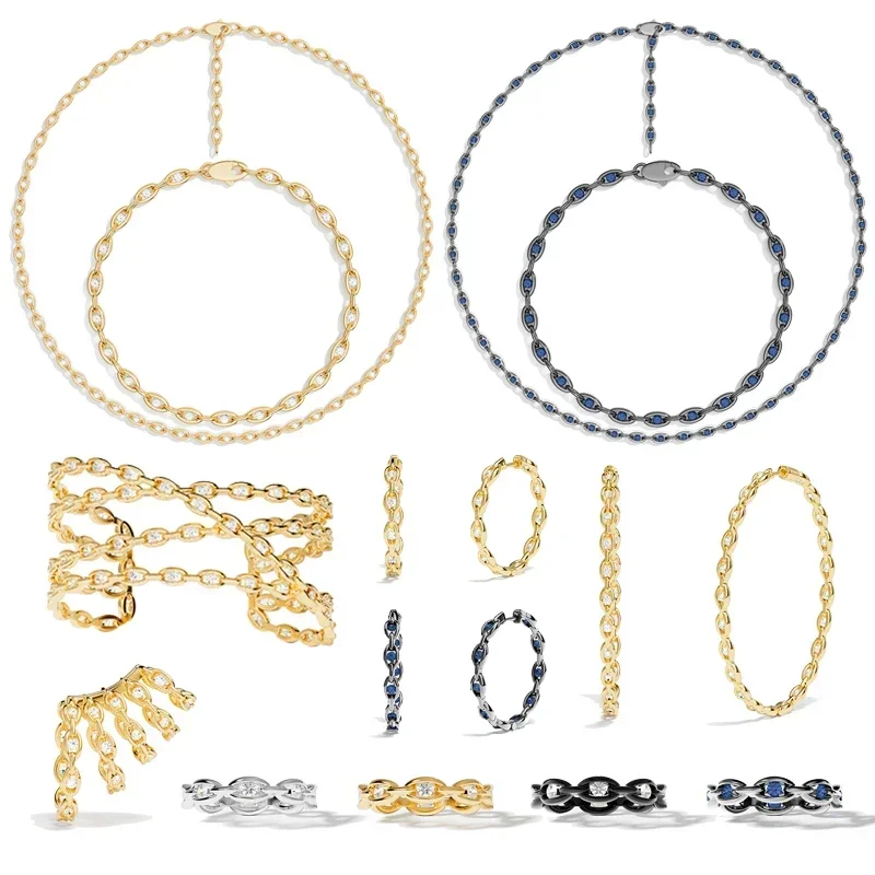 

Komm S925 Sterling Silver Black Blue Chain Link Ring Earrings Bracelet Necklace Women's Trendy Avant Garde Fashion Party Jewelry