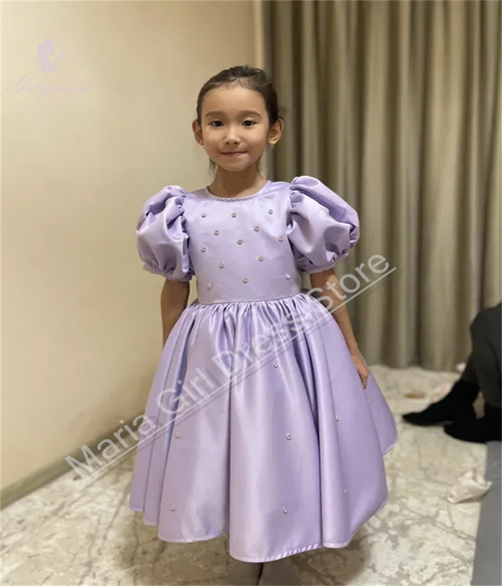 Abito da ragazza di fiori color lavanda, maniche corte a bolle gonfie, adatto per matrimoni, feste di compleanno per bambini, foto