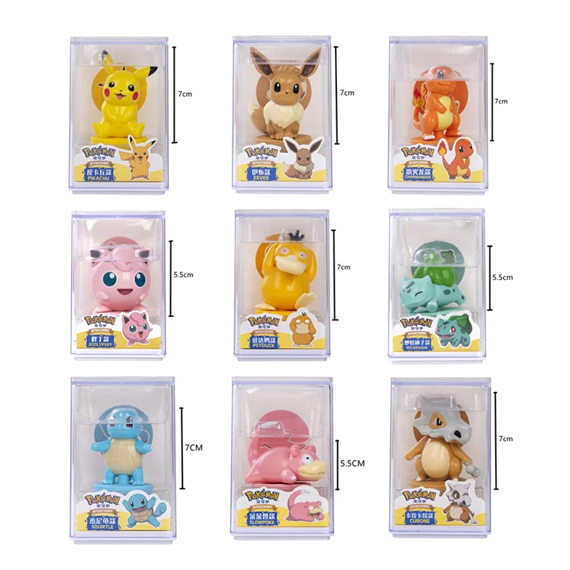 

9 Pcs/Set Pokemon Figures Stamp Original Acrylic Box Anime Action Doll Pikachu Pendant Children Toy Decoration Charmander Eeve